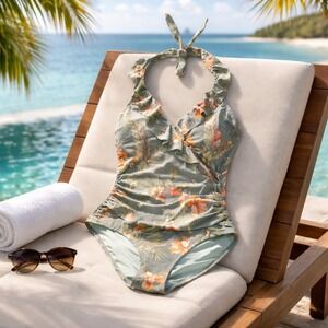 Cupshe M One Piece Swimsuit Size M Green‎ Color W/ Tropical Floral Print NWT